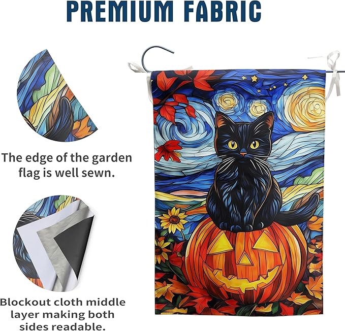 Stained Glass Black Cat Fall Garden Flag Halloween Pumpkin Yard Signs Autumn Sunflower Blue Sky Thanksgiving Banner for Outside 12x18 Double Sided Small Outdoor Decorative