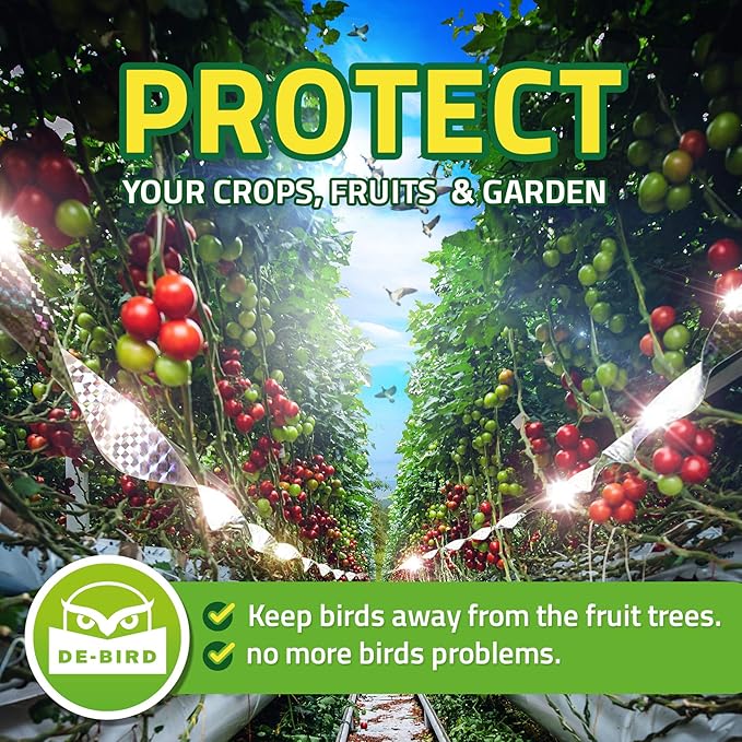 De-Bird Bird Tape Repellent & Reflective Scare Tape - 350 Ft Roll, Multicolor Dual-Sided - Garden Reflectors to Keep Birds Away - Pigeon & Goose Control