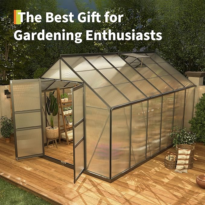 8*12 FT Outdoor Walk-in Greenhouse, Polycarbonate Green House, Heavy Duty Greenhouse with Vented Roof Window, Windproof Aluminum Frame, Suitable for Outside Gardening, Backyard, Patio