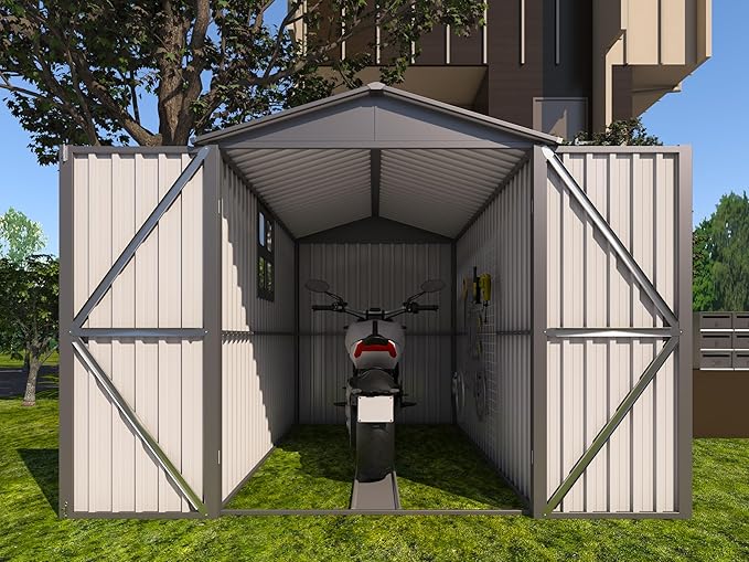 6x10 FT Outdoor Storage Shed, Metal Motorcycle Shed with Track & Fixing Device, Storage Building with Window & Lockable Hinged Doors, Waterproof Outside Garage Sheds for Garden, Backyard, Patio, Gray
