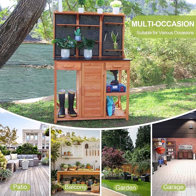 Outdoor Potting Bench,Wooden Potting Table with Metal Tabletop,Garden Work Bench with Drawer and Free Matching Storage Cabinet Shelf/Hooks for Backyard,Patio,Greenhouse (Black, 40 * 59 * 20in)