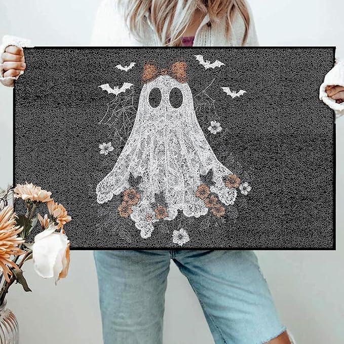 Halloween Ghost Door Mat, Vintage Halloween Ghost Spider Web Bats Doormat Non-Slip for Front Door Porch Indoor Outside Entrance Entryway, Gothic Witchy Floral Welcome Mat, 17x30 Inch