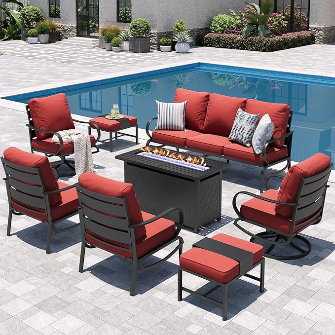 Sophia & William Patio Furniture Sets for 9 with 45" Gas Fire Pit Table Outdoor Conversation Sets 8 Pcs, 2xSofa Chairs, 2xSwivel Cushion Chairs, 1x3-Seat Sofa, 2xOttomans for Porch Poolside Red