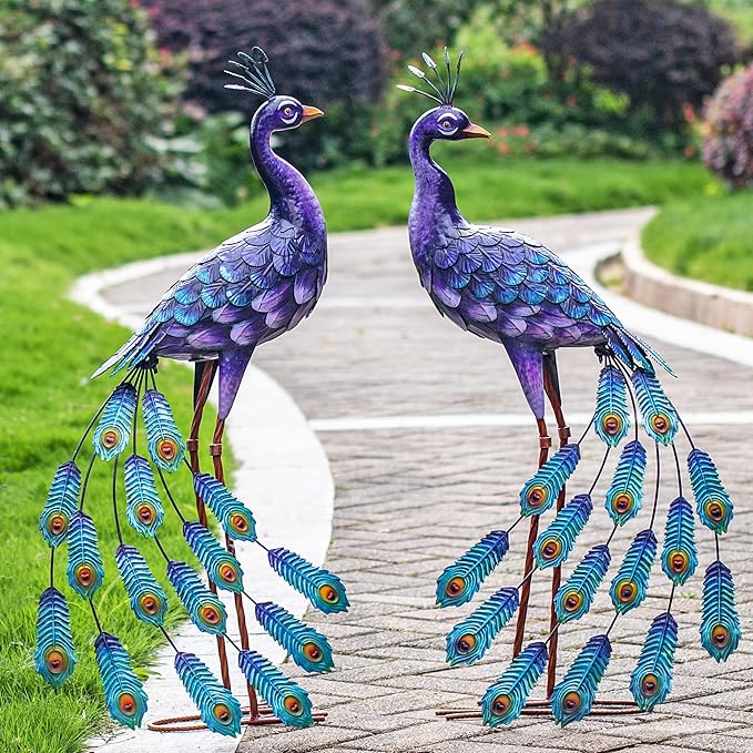 Kircust Purple Peacock Garden Statue and Sculpture, Metal Peacocks Yard Art Lawn Decor, Large Birds Garden Sculptures & Statues for Patio Backyard Pond Home Decoration