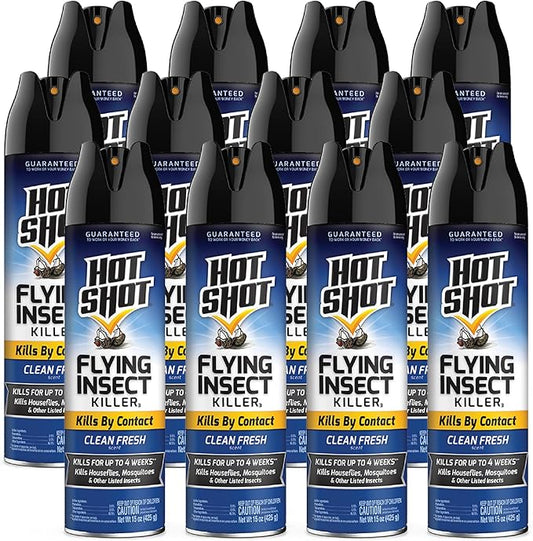 Hot Shot Flying Insect Killer, 15 Ounces, Aerosol Formula Kills Houseflies, Mosquitoes And Other Listed Flying Insects By Contact Indoors And Outdoors With Clean Fresh Scent,12 Pack
