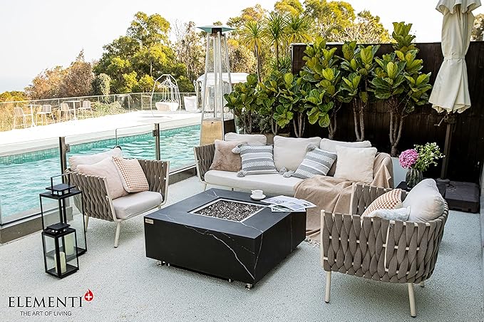 Elementi+ | Sofia Gas Fire Pit | Marble Porcelain & Metal Frame | 40" Square Fire Table | Electronic Ignition | Canvas Cover, Fire Glass & Burner Lid Included | Black | Propane Gas