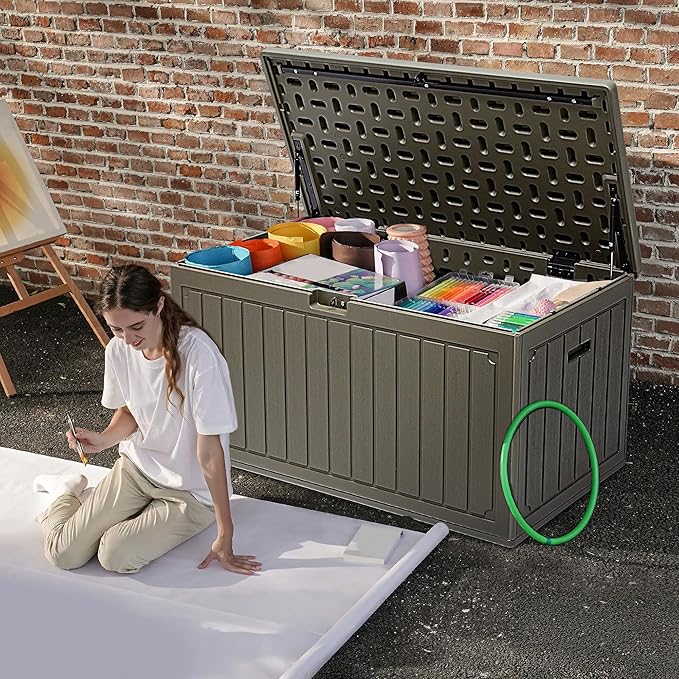 DWVO 90 Gallon Resin Outdoor Storage Box, XXL Double-Wall Waterproof Deck Box, Doubles as Table or Seating with 450 lbs Capacity, Lockable (Light Brown)
