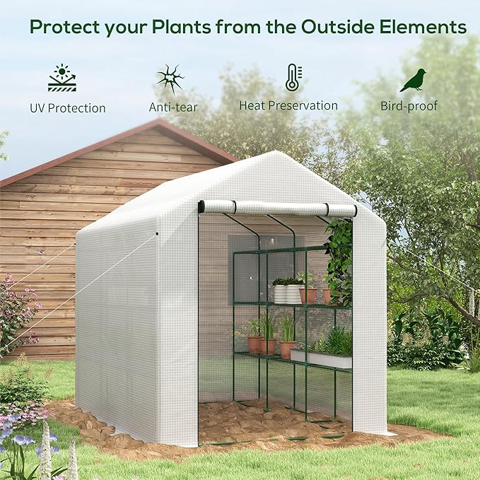 Outsunny 8' x 6' x 7' Walk-in Greenhouse, PE Cover, 4-Tier Shelves, Steel Frame Hot House, Roll-Up Zipper Door for Flowers, Vegetables, Saplings, Tropical Plants, White