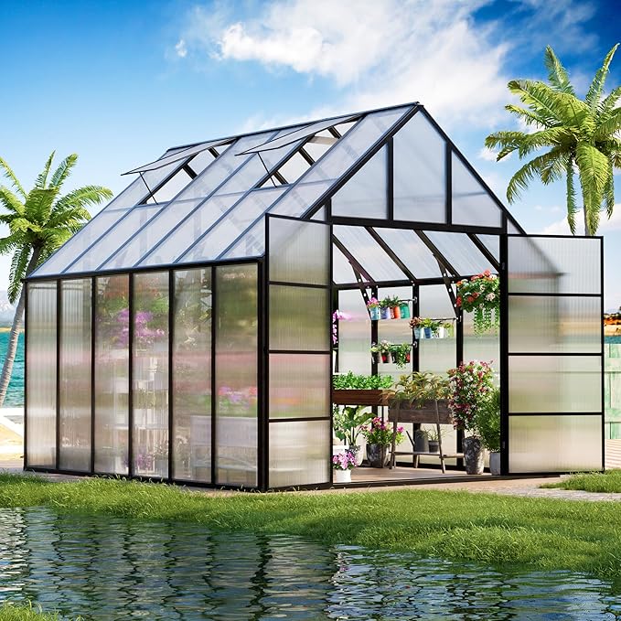 CDCASA 12x10x10 FT Greenhouse for Outdoors, Easy Assembly Large Aluminum Heavy Duty Polycarbonate Greenhouses Kit w/2 Window, Swing Door, Walk-in Green House for Outsides, Sunroom, Backyard, Garden
