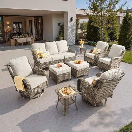 ovios 9 Pieces Patio Furniture Set, Outdoor Wicker Sofa Couch with Swivel Chairs Ottomans Comfy Cushions, All Weather High Back Modern Conversation Sets, Grey Rattan, Grey