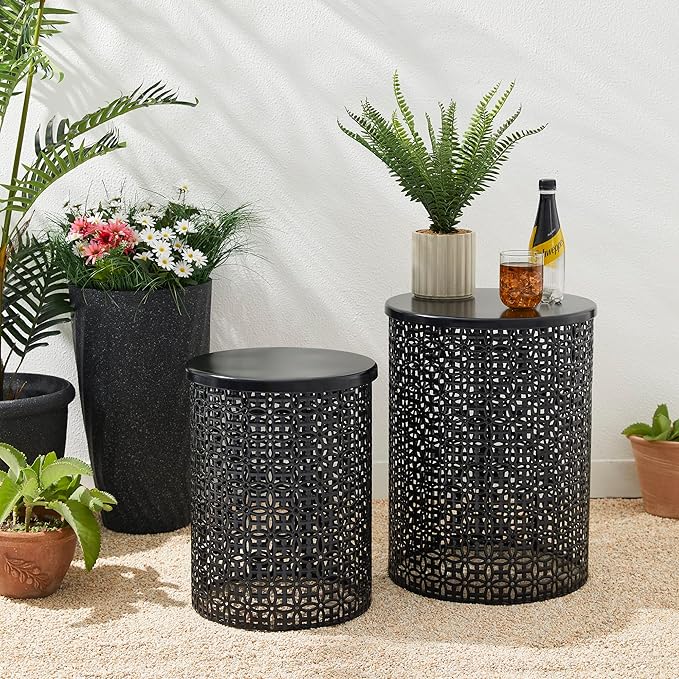 Glitzhome Outdoor Side Table Set of 2, Decorative Garden Stool for Indoor Outdoor Heavy Duty Metal Frame Accent Table Modern End Table, Glossy Black