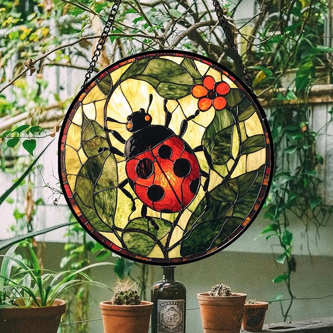 Stained Glass Window Hanging - Red Ladybug Green Plant Flower Sun Catcher for Door Home Decor Insect Suncatcher Christmas Mother's Day Birthday Gifts for Women Men Mom Nana 6.3 in