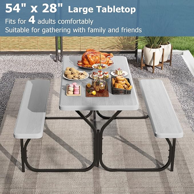Moccha Picnic Table Bench Set - Portable Plastic Picnic Table w/Steel Frame & Wood-Like Texture, All Weather Heavy Duty Picnic Table Kit, Picnic Tables for Outdoors Garden Patio Party Dining (Grey)