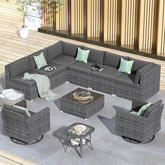 HOOOWOOO 10 Piece Patio Sectional Furniture Set with Swivel Rocking Chairs,Modern Wicker Outdoor Conversation Sofa Sets,Weather Resistant Modular L Shaped Outside Couch Set(Charcoal Grey)