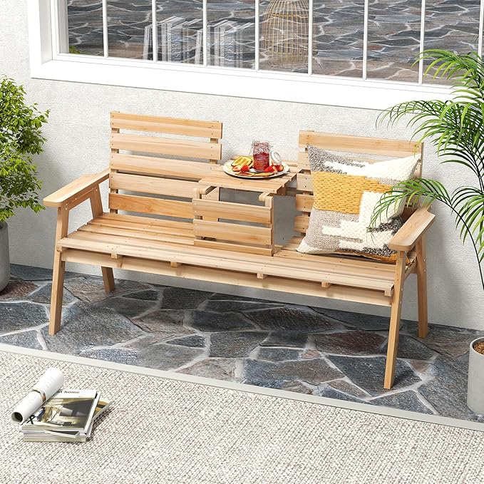Tangkula Outdoor Fir Wood Bench with Foldable Middle Table, 2-3 Person Garden Bench with Backrest and Armrests, 710 lbs Weight Capacity, Slatted Seat Bench for Porch, Patio, Backyard