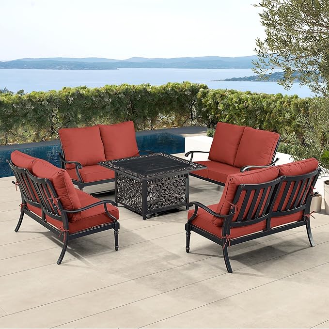 Oakland Living Black Aluminum Patio Fire Table Set with Four Deep Seating Loveseat with Cushions with Red Cushions