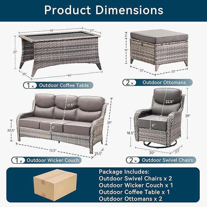 Luxury High Back Outdoor Furniture with 6-Inch Thick Cushions, Patio Furniture Set with Swivel Chairs, 6 PCS Wicker Conversation Set for Porch, Balcony, Deck and Yard