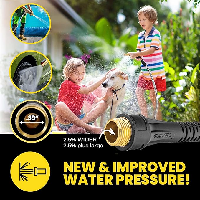Bionic Steel Pro 125 FT Garden Hose with Nozzle, 304 Stainless Steel Metal Water Hose 125Ft, Flexible Hose, Kink Free, Lightweight & Durable, Crush Resistant Fitting, Easy to Coil, 500PSI- 2025 Model