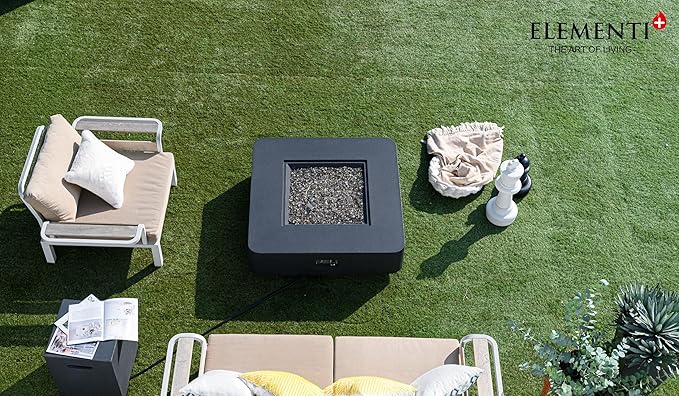 Elementi+ | Bundle Bergamo Gas Fire Pit Cast Concrete 42" Square Fire Table, Outdoor Fire Pit Electronic Ignition | Canvas Cover, Fire Glass and Burner Lid Included | Dark Gray | Propane Gas