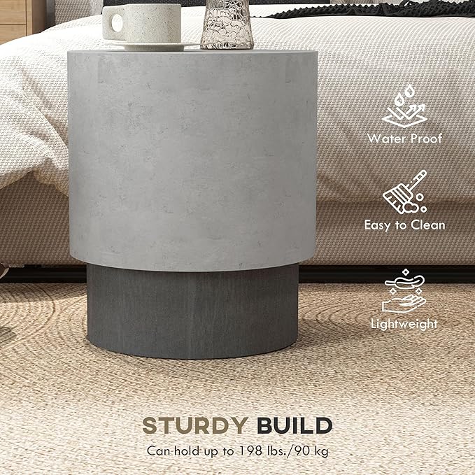 HOMCOM Concrete Finish End Table, Round Side Table with 4 Adjustable Feet, Lightweight for Indoor, Outdoor, Gray