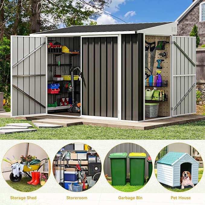 DWVO 8x4 FT Outdoor Weatherproof Storage Shed, Secure Metal Bike Shed w/Lockable Entry, Garden Storage Solution for Lawn Equipment, Tools, Waste Bin, Dark Gray