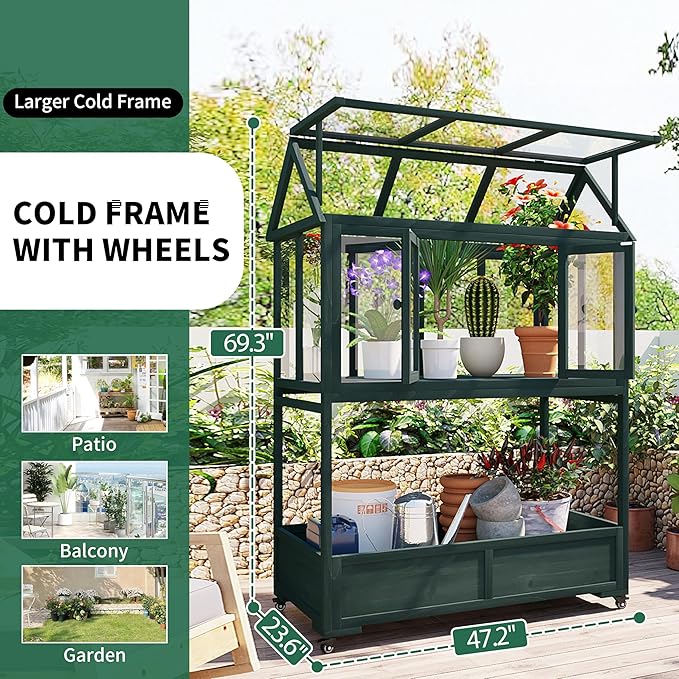 Merax 69" Wooden Greenhouse with Wheels - Portable Cold Frame for Balcony/Patio, UV-Resistant Indoor Outdoor Plant Growing Cabinet (Large, Heavy-Duty) (Forest Green)