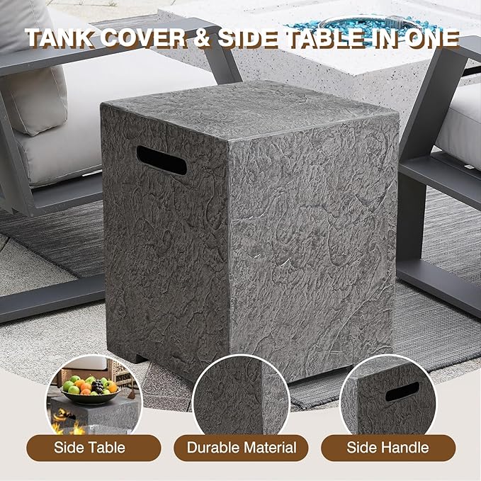 2-Piece Outdoor Propane Fire Pit Table Set – Premium Slate-Like MgO Finish, 48-Inch Gas Fire Table with Tank Table for Patio, Garden & Backyard, Includes Rain Cover & Glass Beads