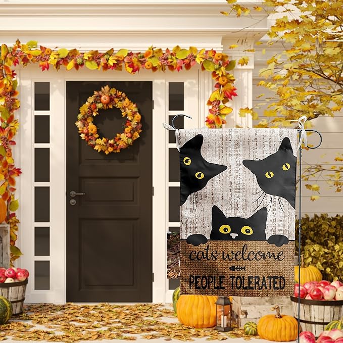 Black Cat Garden Flag Cats Welcome People Tolerated Sign Flag Halloween Banners for Outside 12 X 18 Double Sided Cat Lovers Gifts for Women