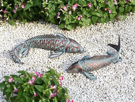 Set of 2 Koi Fish Decor Outdoor Statues Sculptures Antique Copper Garden Pond Fishes Art Metal Koi Fish Statue Outside Garden Décor Ornaments for Outdoors,Patio,Yard,Lawn,Pond,Home Decorations
