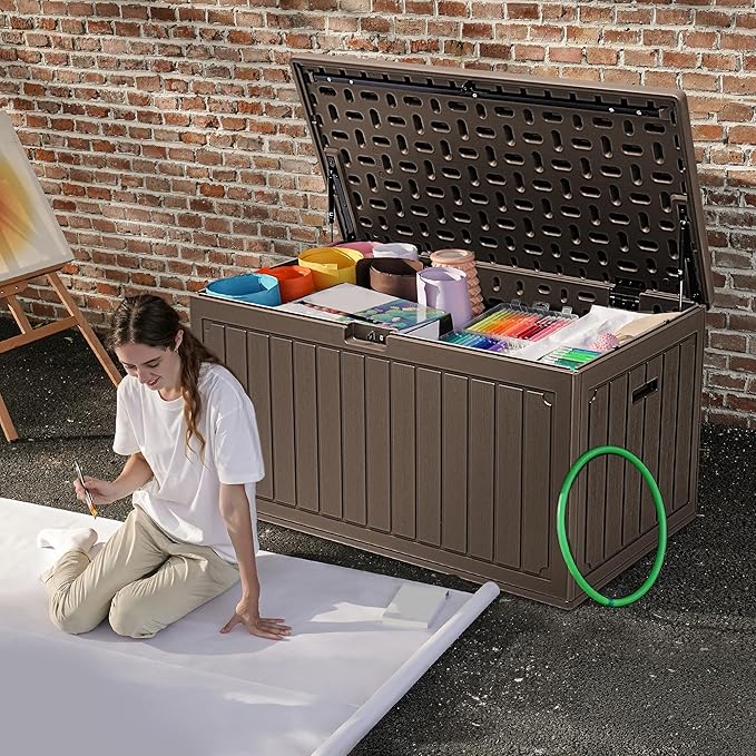 DWVO 90 Gallon Resin Outdoor Storage Box, XXL Double-Wall Waterproof Deck Box, Doubles as Table or Seating with 450 lbs Capacity, Lockable (Brown)