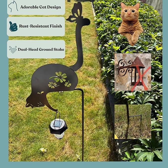 Solar Cat Garden Light, Metal Solar Lamp, Detachable Cat-Shaped Outdoor Path/Lawn Light, No Wiring Required for Garden, Courtyard, Patio, Pathway Decor, 46 Inch Height