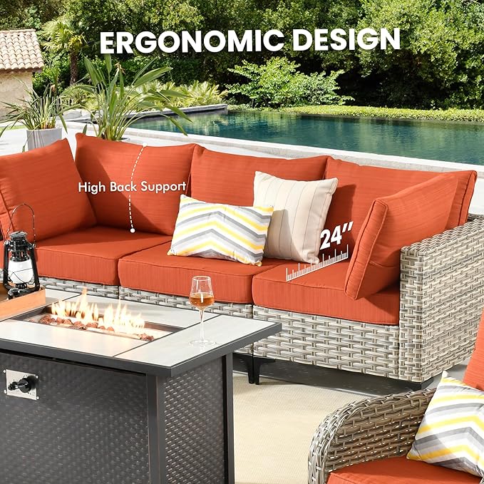 Outdoor Sectional Patio Furniture Set with Glowing Table,7 Pieces Wicker Conversation Sets L Shaped Couch Out Door Sofa Set Outside Furniture for Garden Deck Yard Porch,Orange Red