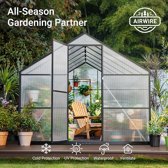 8x12 FT Greenhouse for Outdoors, Quick Setup Polycarbonate Greenhouse with Roof Vent, Aluminum Large Walk-in Green House for Outside Garden Backyard, Black