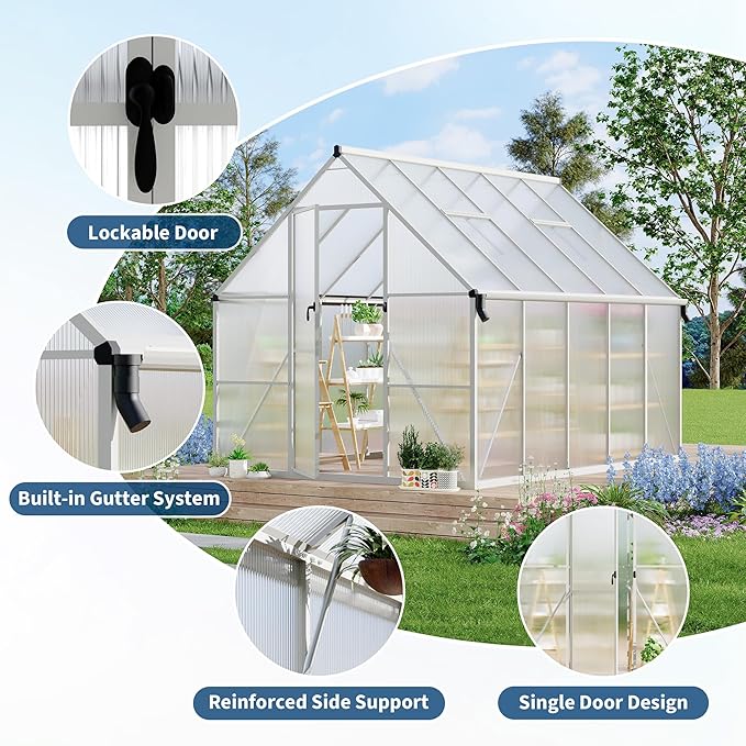 8'X10' Aluminum-Framed Polycarbonate Greenhouse, Heavy Duty Polycarbonate Greenhouse with Quick Setup Structure and Roof Vent, Large Enhanced Aluminum Greenhouses Kit for Outdoors