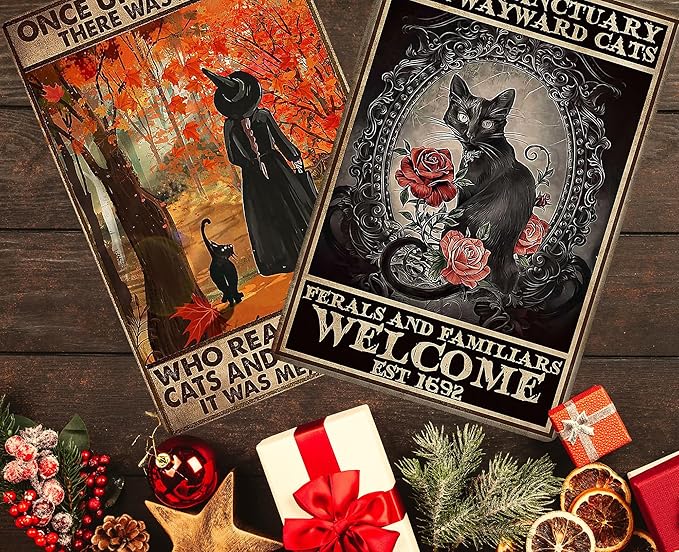 PAIION Salem Sanctuary For Wayward Cats Halloween Black Cat Halloween Decor Cat Lover Metal Signs Vintage Poster Home Bedroom Wall Art Gift 8x12 Inches