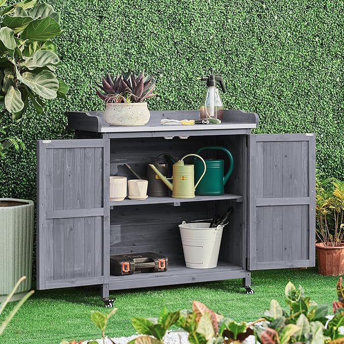 Yaheetech Garden Potting Bench Table, Outdoor Garden Horticultural Wooden Storage Cabinet & Solid Wood Planting Work Bench with Large Space Storage & Metal-Plated Tabletop, Gray