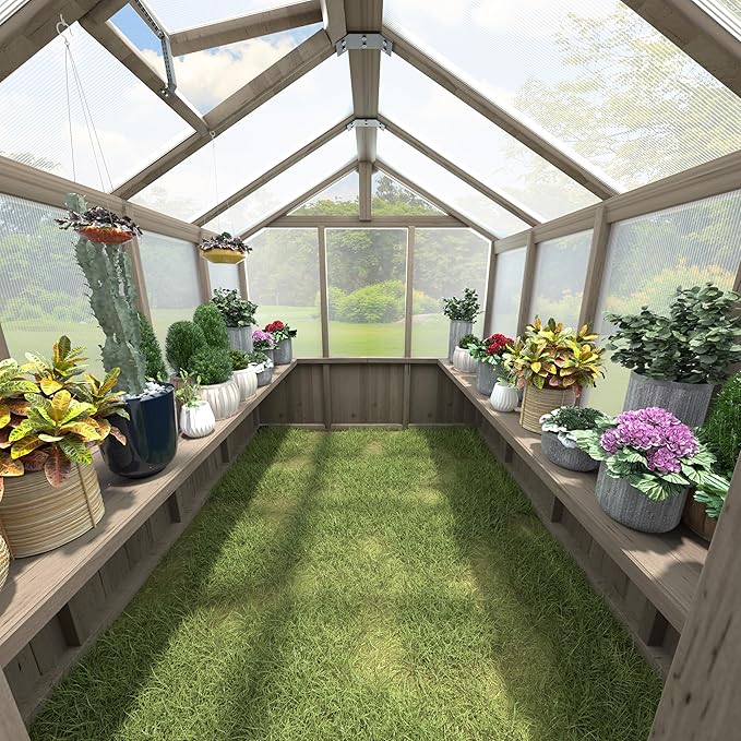 Shelf Suitable for 6x10FT Wood Greenhouse, 114" Wooden Storage Shelf Kit Fit Multiple Greenhouse , Horticulture Workstation, Work Bench System Shelving, Light Mocha Brown, 2 Pack