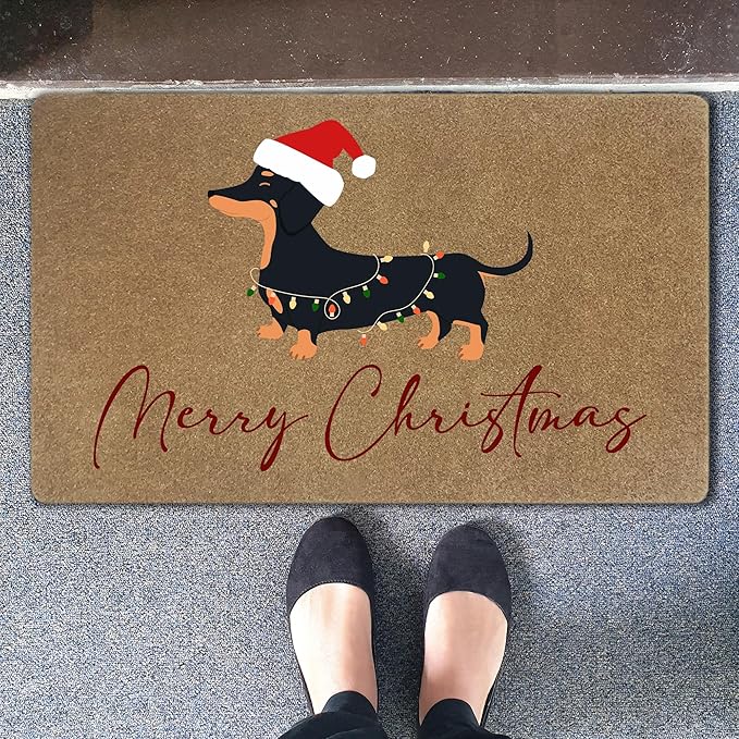 Merry Christmas Dachshund Faux Coir Door Mats Outdoor, Weiner Dog Gifts Door Mat for Home Outside Entryway, Christmas Dog Welcome Doormat for Indoor Outdoor Porch Entrance, 17x30 Inch