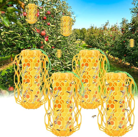 4 Pack Upgraded Wasp Trap Outdoor Hanging, Carpenter Bee and Hornet Catcher, Reusable Yellow Jacket Trap with Bait Reservoir, Bee Killer and Wasp Catcher for Outside (Orange)