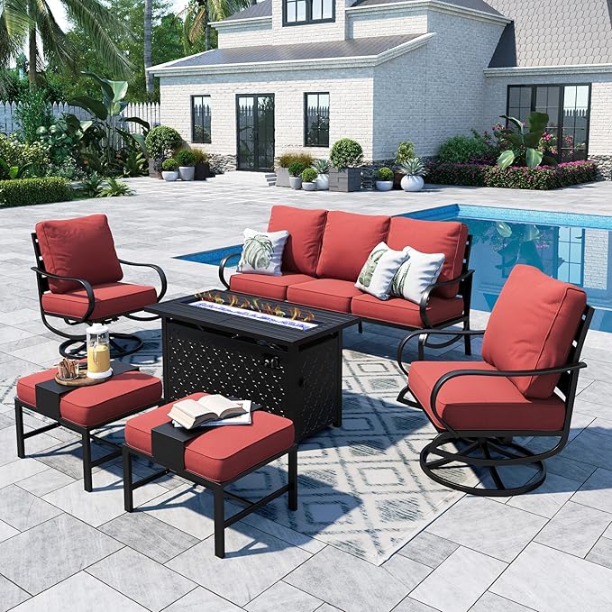 Sophia & William Patio Furniture Sets with 45" Gas Fire Pit Table for 7 Outdoor Conversation Sets 6 Pcs, 2 x Swivel Cushioned Sofa Chairs, 1x3-Seat Sofa, 2xOttomans for Backyard Poolside Red