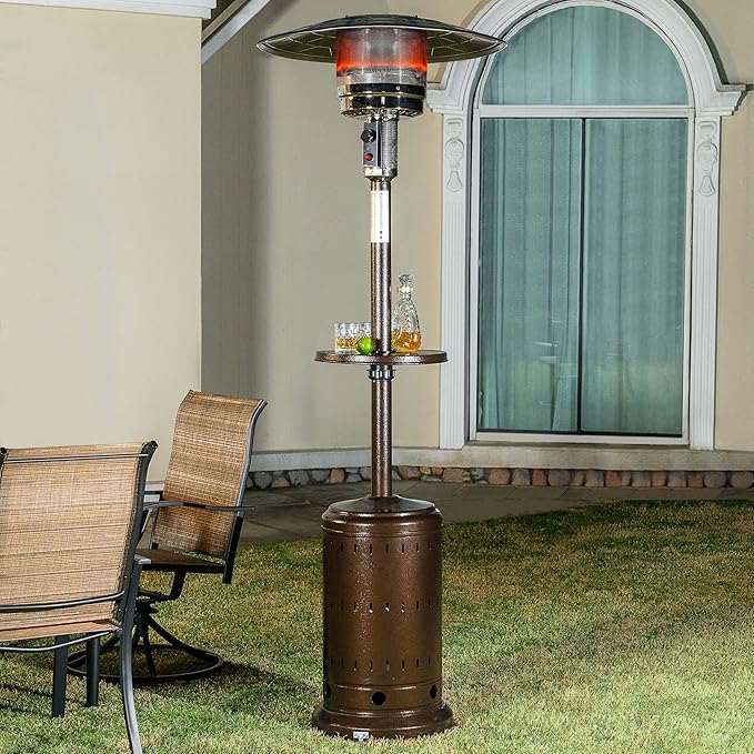 Nuu Garden Outdoor Propane Gas Patio Heater with Wheels, Patio Heater with Liftable Drink Stand for Patio, 304 Stainless Steel Burner, Backyard, Garden, Porch, Brown
