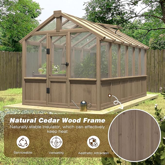 BlueWish 6x12FT Greenhouse, Wood Greenhouses with 6MM Thick Polycarbonate, Adjustable Vent, Cedar Frame, Greenhouse for Outside, Garden, Backyard,Light Brown Mocha