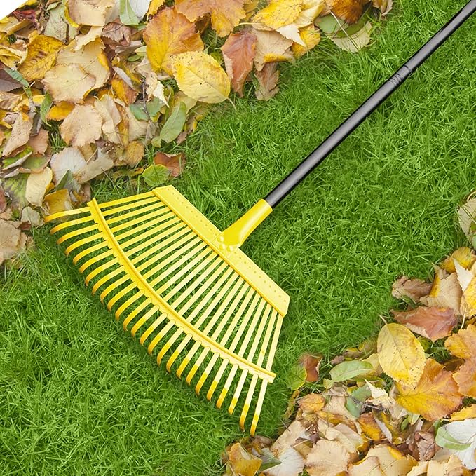 Garden Leaf Rake, 18” Wide Metal Rake with 25 Teeth, 62" Adjustable Long Handle, Heavy Duty Lawn Yard Tool for Leaves, Grass, Shrubs, Debris, Pine Needles, Garden Cleanup Tools for Backyard