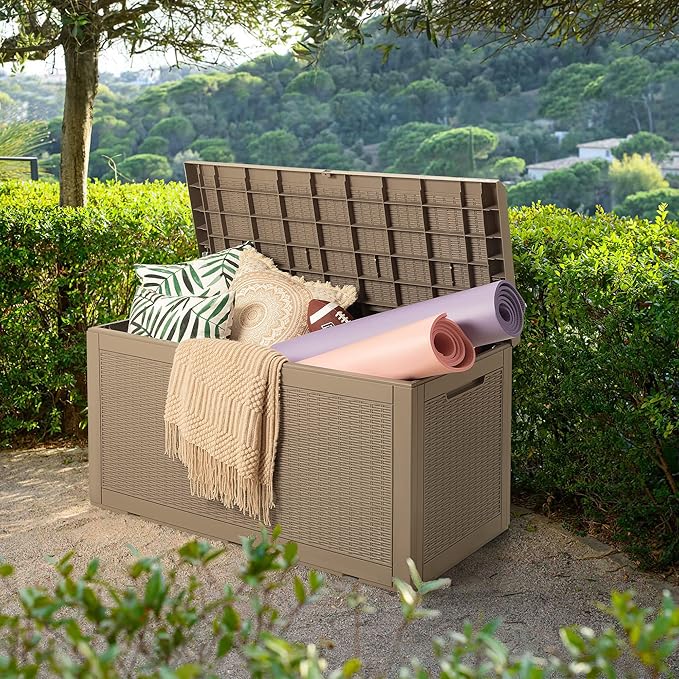 Devoko 100 Gallon Waterproof Large Resin Deck Box Outdoor Storage Box Indoor Lockable Storage Container with Cushion for Patio Furniture Garden Pool Cushions (Light Brown)