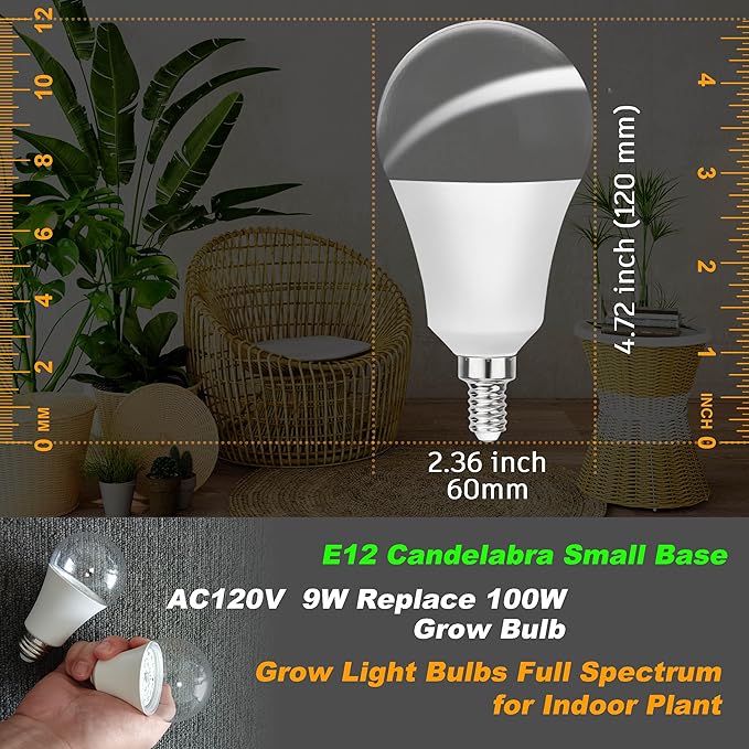 Grow Light Bulbs Full Spectrum with Red Blue 5000K E12 Candelabra Small Base 9W Sunlight Grow Bulb Replace 100W with Balanced Spectrum for Indoor Plants, Succulents, Flowers, Fruit, Mini Bonsai,1 Pack
