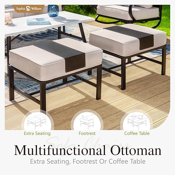 Sophia & William Patio Furniture Sets for 5 Outdoor Metal Conversation Sets 5 Pcs with 2 x Cushioned Swivel Sofa Chairs, 2 x Ottomans as Coffee Table, 1 x 3-Seat Sofa, Lawn Backyard Poolside Beige