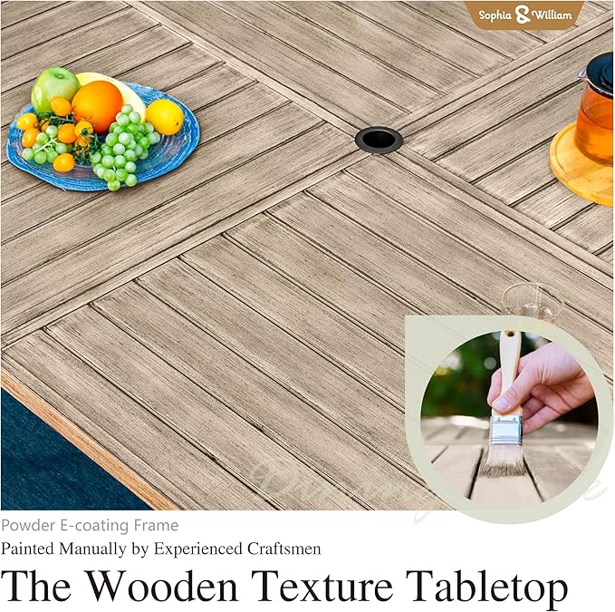 Sophia & William 9 Pieces Patio Dining Set for 8, 60" Large Square Patio Table and Rattan Chairs Set, All Weather Outdoor Dining Set, 8 People Metal Patio Table Set for Outside, Teak Color Tabletop