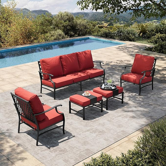 HERA'S HOUSE 5 Piece Patio Furniture Set, 2 x Leg Chair, 2 x Ottoman, 1 x 3-Seat Sofa, All Cushioned 7 Seats Metal Outdoor Conversation Set for Lawn Garden Backyard