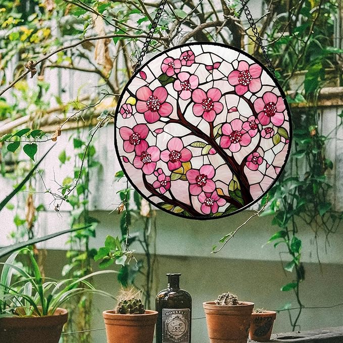 Stained Glass Window Hanging - Cherry Blossoms Birth Flower Suncatcher for Door Garden Patio Sun Catchers Decor Christmas Mother's Day Birthday Gifts for Women Mom Nana Friend Wife 7.8 in