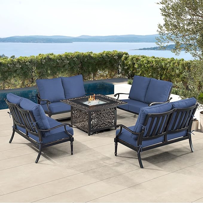 Oakland Living Black Aluminum Patio Fire Table Set with Four Deep Seating Loveseat with Cushions with Blue Cushions